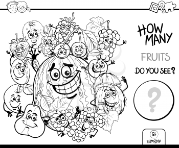 Black and White Cartoon Illustration of Educational Counting Activity Game for Children with Fruit Characters Group Coloring Page