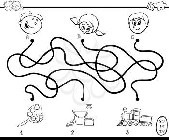 Black and White Cartoon Illustration of Education Paths or Maze Puzzle Activity with Children and Toys