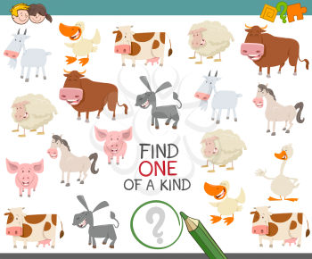 Cartoon Illustration of Find One of a Kind Educational Activity for Children with Animal Farm Characters