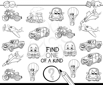 Black and White Cartoon Illustration of Find One of a Kind Educational Activity Game for Children with Fantasy Characters Coloring Page