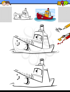 Cartoon Illustration of Drawing and Coloring Educational Activity for Children with Ship Transportation Character