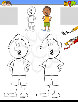 Cartoon Illustration of Drawing and Coloring Educational Activity for Preschool with Kid Boy Character