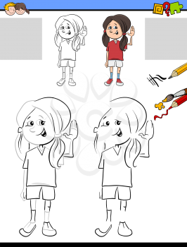 Cartoon Illustration of Drawing and Coloring Educational Activity for Preschool with Kid Girl Character