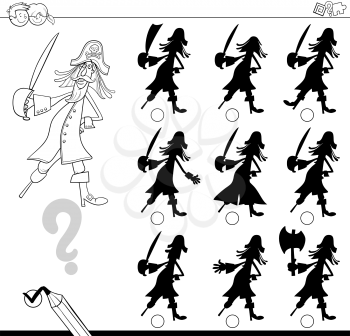 Black and White Cartoon Illustration of Finding the Shadow without Differences Educational Activity for Kids with Pirate Fantasy Character Coloring Page