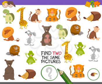 Cartoon Illustration of Finding Two Exactly the Same Pictures Educational Activity for Preschool Children with Animal Characters