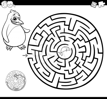 Cartoon Illustration of Education Maze or Labyrinth Game for Children with Penguin and Fish Coloring Page