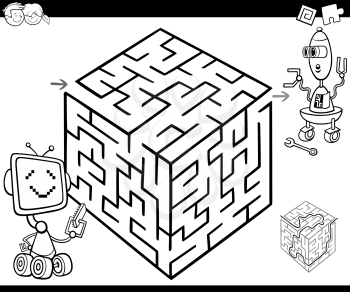 Cartoon Illustration of Education Maze or Labyrinth Game for Children with Robot Characters Coloring Page