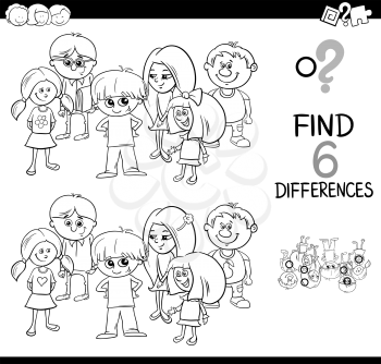 Black and White Cartoon Illustration of Spot the Differences Educational Game with Children Characters Group Coloring Page