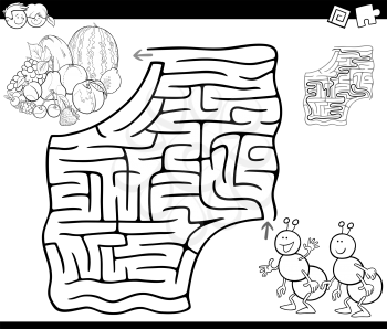 Cartoon Illustration of Education Maze or Labyrinth Game for Children with Ants and Fruits Coloring Page