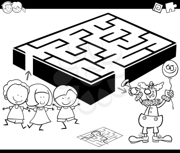 Cartoon Illustration of Education Maze or Labyrinth Game for Kids with Children and Clown Coloring Page