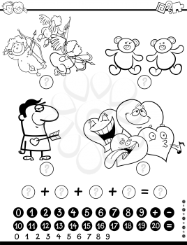 Black and White Cartoon Illustration of Educational Mathematical Activity Game for Children with Valentines Day Characters Coloring Page