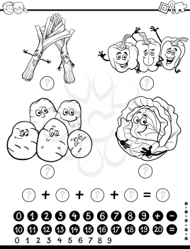 Black and White Cartoon Illustration of Educational Mathematical Activity Game for Children with Food Objects Vegetable Characters Coloring Page