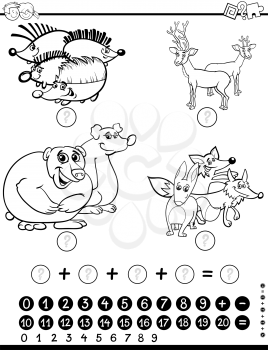 Black and White Cartoon Illustration of Educational Counting Mathematical Activity for Children with Wild Animal Characters Coloring Page