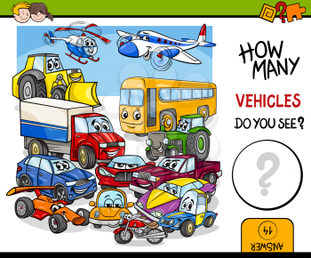 Cartoon Illustration of Educational Counting Activity for Children with Vehicle Characters Group