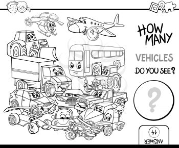 Black and White Cartoon Illustration of Educational Counting Activity for Children with Vehicle Characters Group Coloring Page