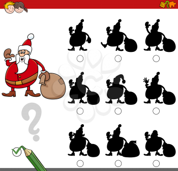 Cartoon Illustration of Finding the Shadow without Differences Educational Activity for Kids with Christmas Santa Holiday Character