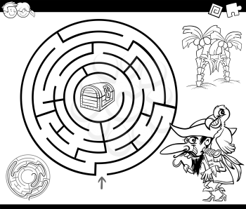 Black and White Cartoon Illustration of Education Maze or Labyrinth Game for Children with Pirate and Treasure Chest Coloring Page