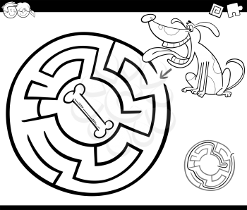 Black and White Cartoon Illustration of Education Maze or Labyrinth Game for Children with Dog and Dog Bone Coloring Page