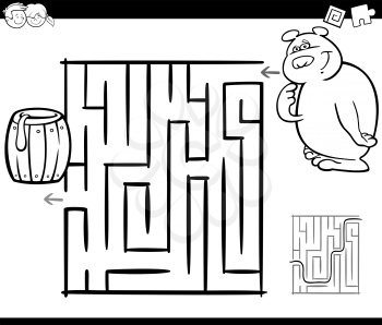 Black and White Cartoon Illustration of Education Maze or Labyrinth Game for Children with Bear and Honey Coloring Page
