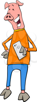 Cartoon Illustration of Pig Fantasy Character with Smart Phone