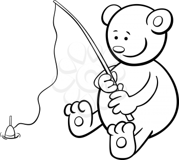 Black and White Cartoon Illustration of Bear Animal Character on Fishing Coloring Page