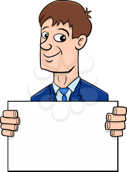 Cartoon Illustration of Man or Businessman Character with Blank White Board or Card