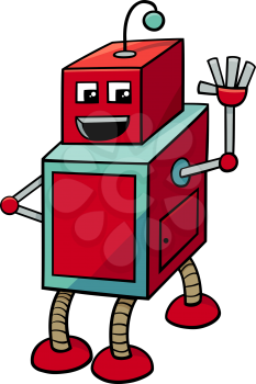 Cartoon Illustration of Cubical Robot Science Fiction Character