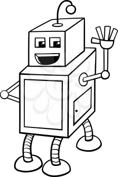 Black and White Cartoon Illustration of Cubical Robot Science Fiction Character Coloring Book