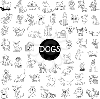 Black and White Cartoon Illustration of Dogs Pet Animal Characters Large Set