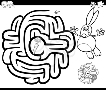 Black and White Cartoon Illustration of Education Maze or Labyrinth Game for Children with Rabbit and Carrot Coloring Page