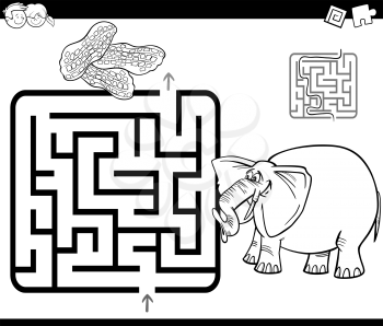 Black and White Cartoon Illustration of Education Maze or Labyrinth Game for Children with Elephant and Peanuts Coloring Page