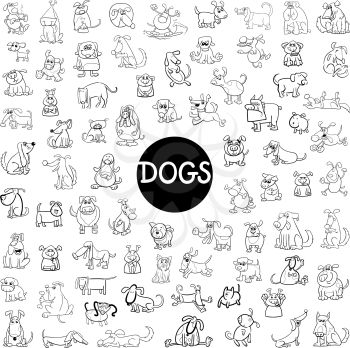 Black and White Cartoon Illustration of Dogs Pet Animal Characters Big Set