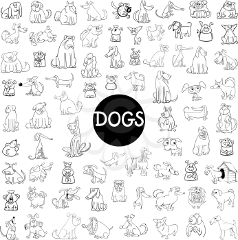 Black and White Cartoon Illustration of Dogs Pet Animal Characters Large Set