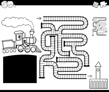 Black and White Cartoon Illustration of Education Maze or Labyrinth Game for Children with Locomotive and Railway Coloring Page