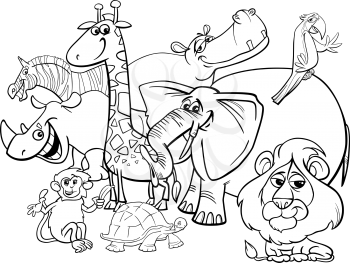Black and White Cartoon Illustration of Safari Wild Animal Characters Group Coloring Book