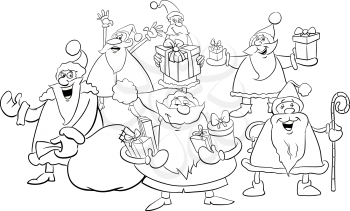 Black and White Cartoon Illustration of Santa Characters Group on Christmas Time Coloring Book
