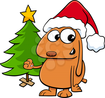 Cartoon Illustration of Dog Animal Character with Christmas Tree
