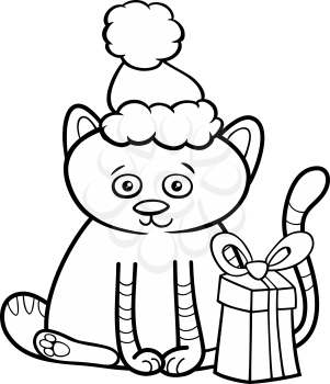 Black and White Cartoon Illustration of Cat or Kitten Animal Character with Present on Christmas Time Coloring Book