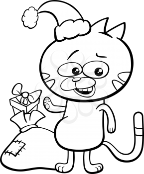 Black and White Cartoon Illustration of Cat or Kitten Animal Character with Sack of Presents on Christmas Time Coloring Book
