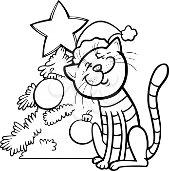 Black and White Cartoon Illustration of Cat Animal Character with Christmas Tree Coloring Book