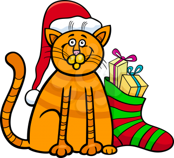 Cartoon Illustration of Cat or Kitten Animal Character and Christmas Sock with Presents