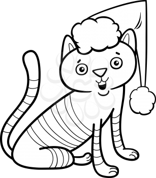 Black and White Cartoon Illustration of Cat or Kitten Animal Character on Christmas Time Coloring Book