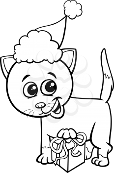 Black and White Cartoon Illustration of Kitten Animal Character with Present on Christmas Time Coloring Book