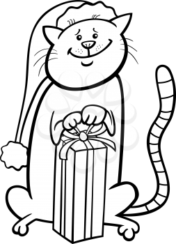 Black and White Cartoon Illustration of Cat or Kitten Animal Character with Christmas Present Coloring Book