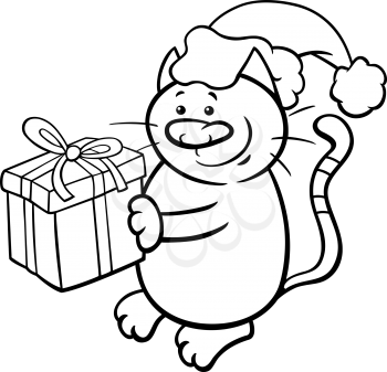 Black and White Cartoon Illustration of Cat or Kitten Animal Character with Christmas Gift Coloring Book