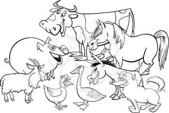 Black and White Cartoon Illustration of Farm Animal Characters Group Coloring Book