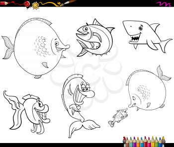 Black and White Cartoon Illustration of Fish Sea Life Animal Characters Set Coloring Book