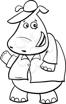 Black and White Cartoon Illustration of Hippopotamus Fantasy Animal Character Coloring Book