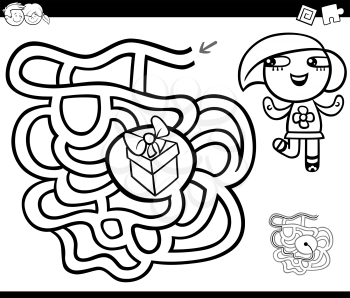 Black and White Cartoon Illustration of Education Maze or Labyrinth Game for Children with Little Girl and Gift Coloring Page
