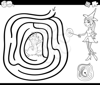 Black and White Cartoon Illustration of Education Maze or Labyrinth Game for Children with Witch and Prince Frog Coloring Page